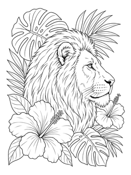 A majestic lion in profile on this rasta coloring page surrounded by tropical leaves and hibiscus.