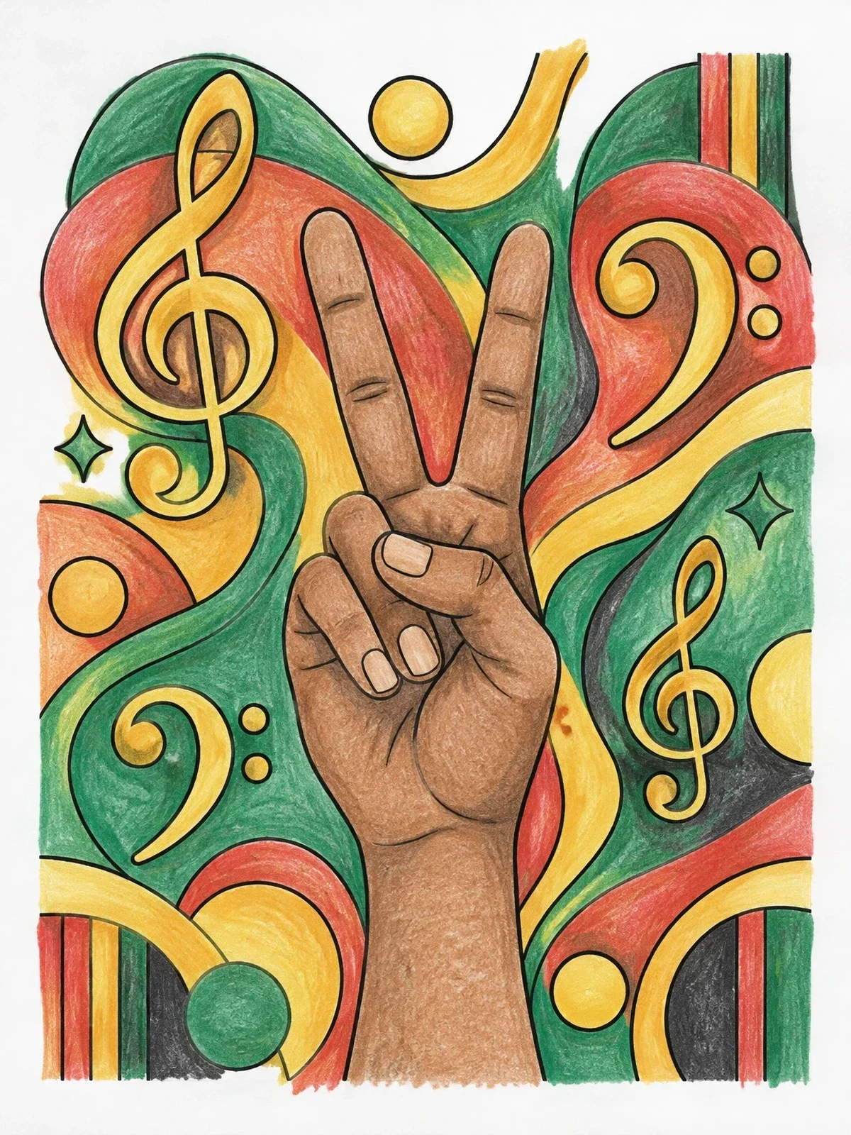 Colored example of the Peace Sign With Musical Clefs coloring page