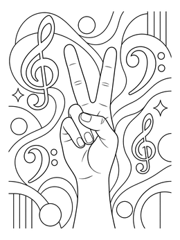 A hand flashing a peace sign among musical clefs on this rasta coloring page.
