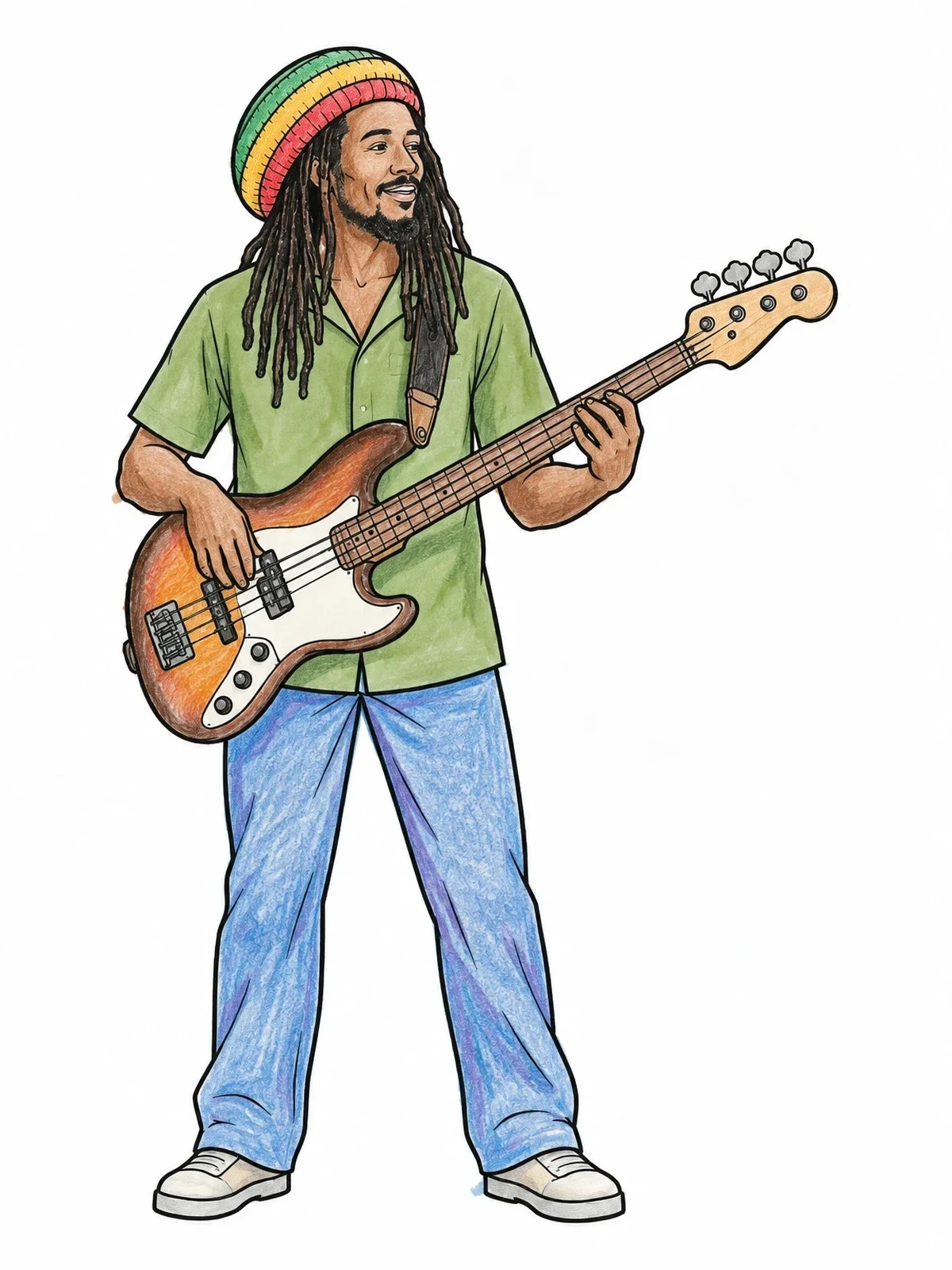 Colored example of the Reggae Bass Player Standing coloring page