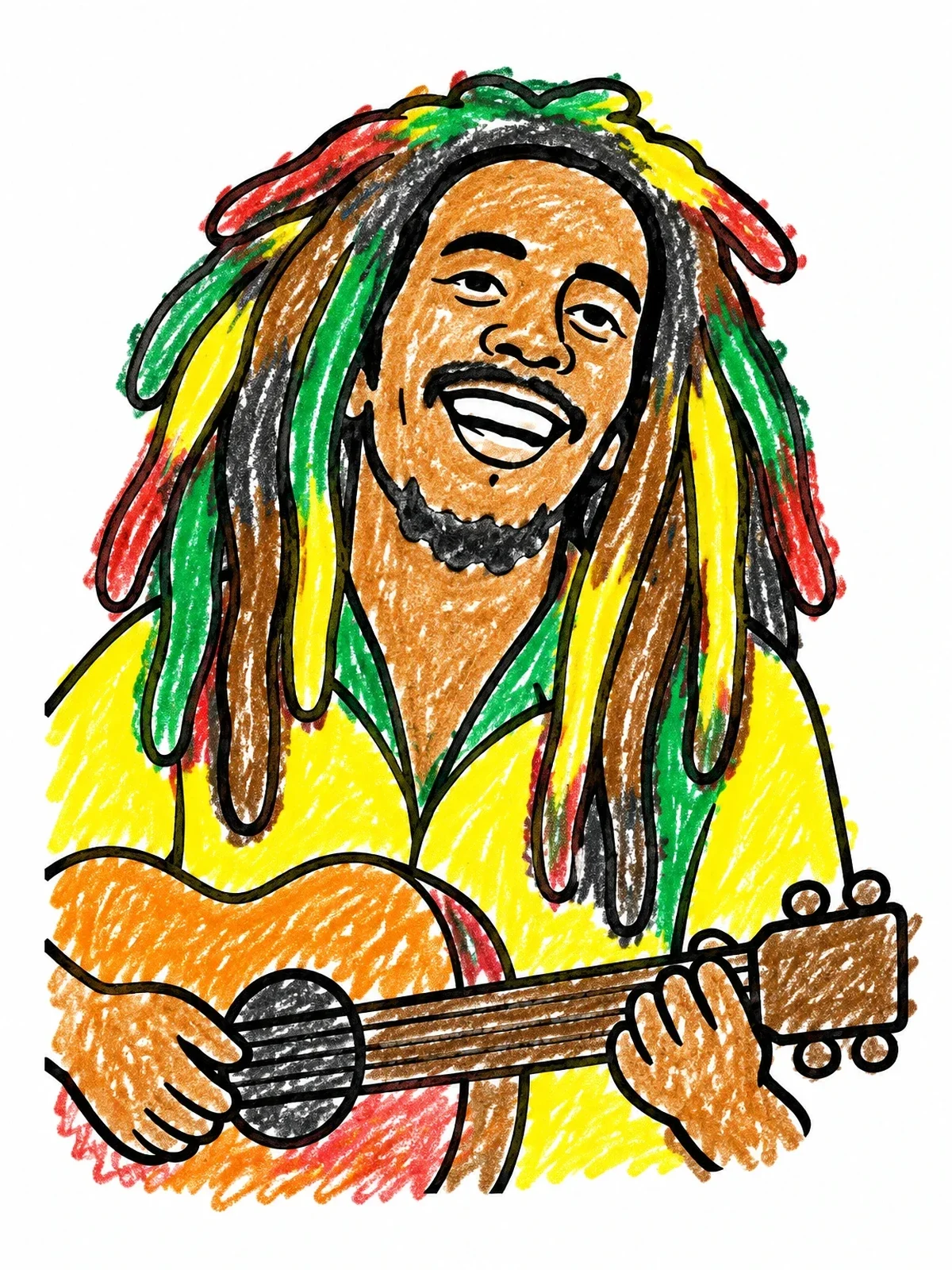 Colored example of the Smiling Musician With Dreadlocks And Guitar coloring page