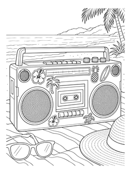 A vintage boombox on a beach towel in this relaxing rasta coloring page.