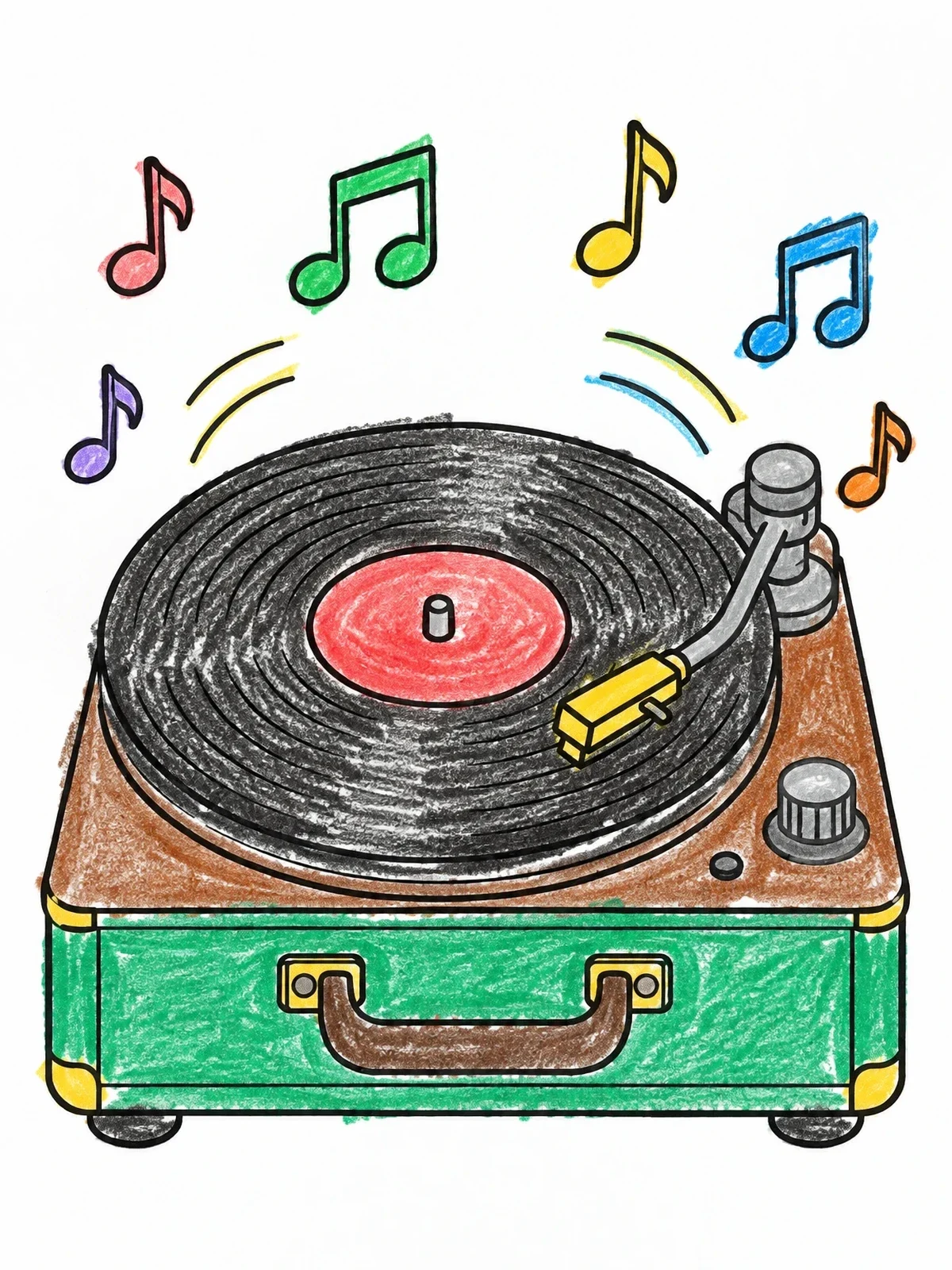 Colored example of the Vintage Turntable Playing Music coloring page