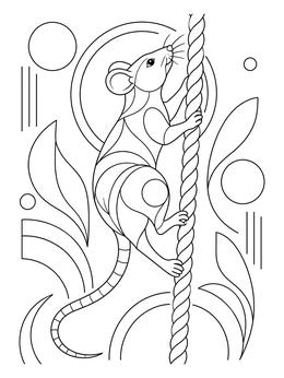 A rat climbing page shows a stylized rat scaling a hanging rope surrounded by geometric shapes.