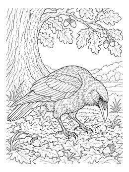A detailed raven coloring page shows the large bird searching for acorns under an oak tree.