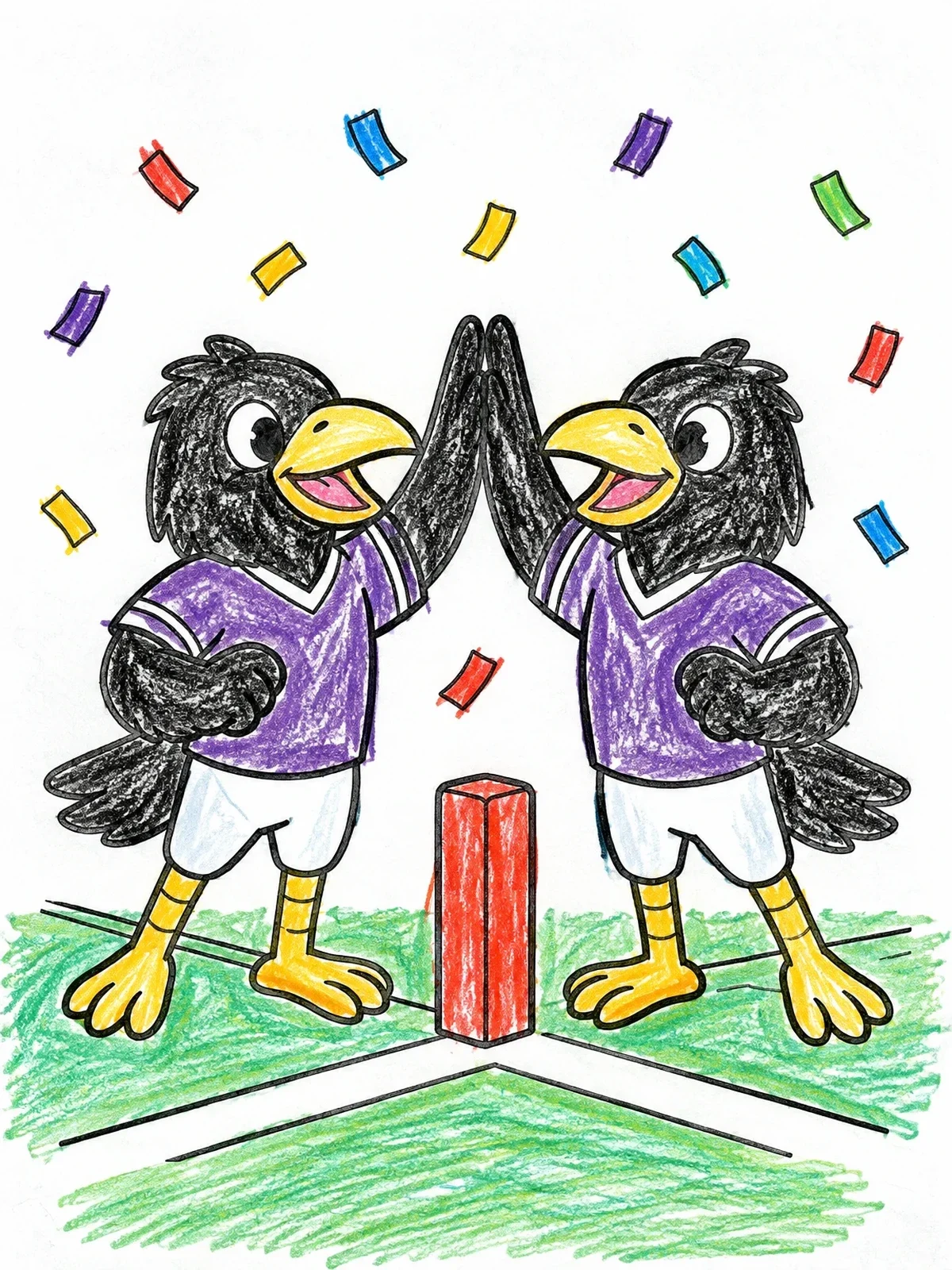 Colored example of the Raven Mascots Celebrating High Five coloring page
