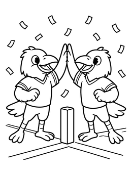 Two cheerful raven mascots celebrate with a high five in this raven coloring page.