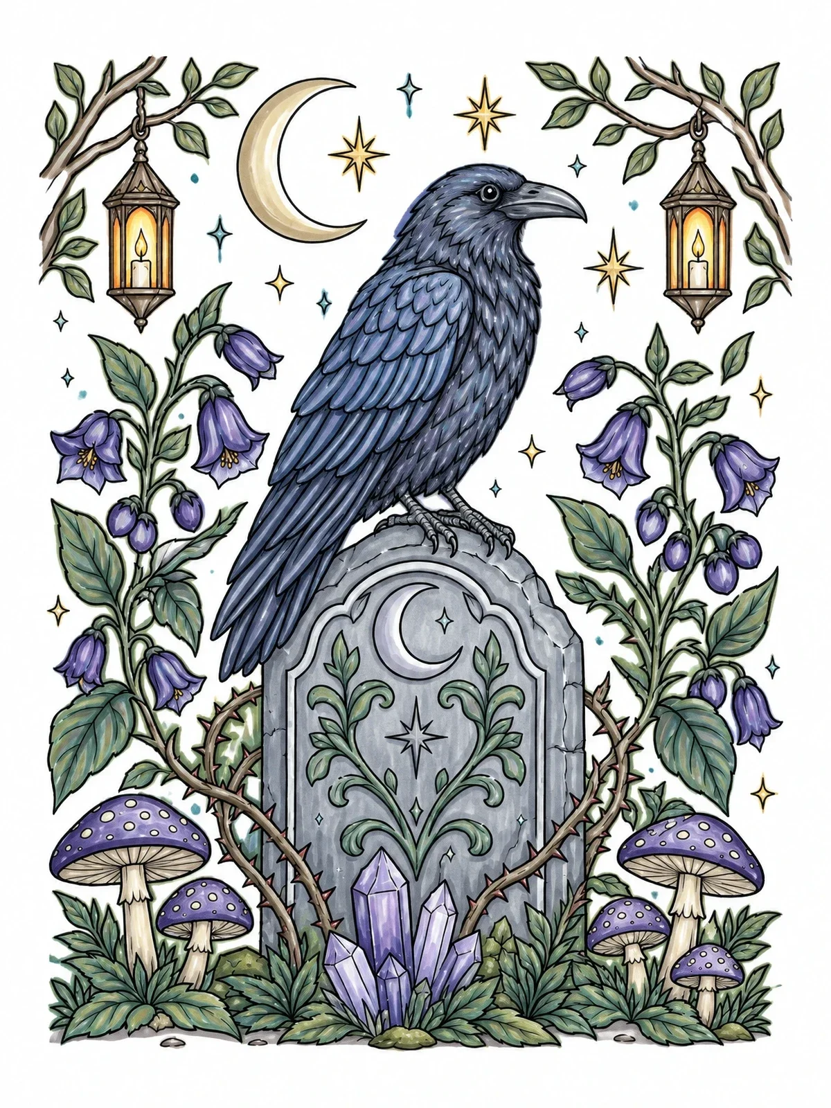 Colored example of the Raven Perched On Carved Gravestone coloring page