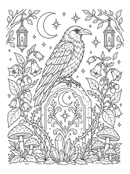 A raven coloring page showing a bird perched on a carved gravestone flanked by nightshade and lanterns.