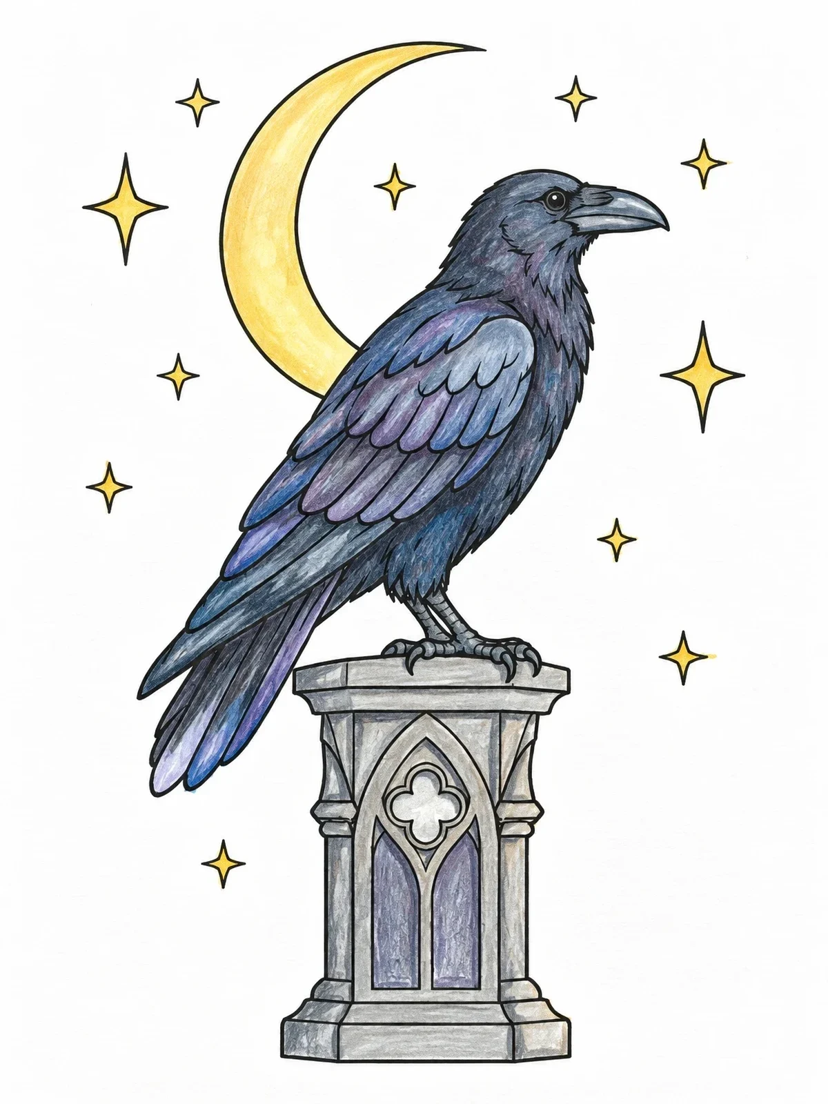 Colored example of the Raven On Gothic Pillar Under Crescent Moon coloring page