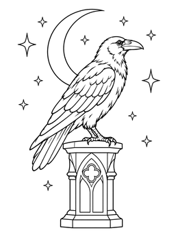 A raven coloring page showing the majestic bird perched on a gothic pillar under the night moon and stars.