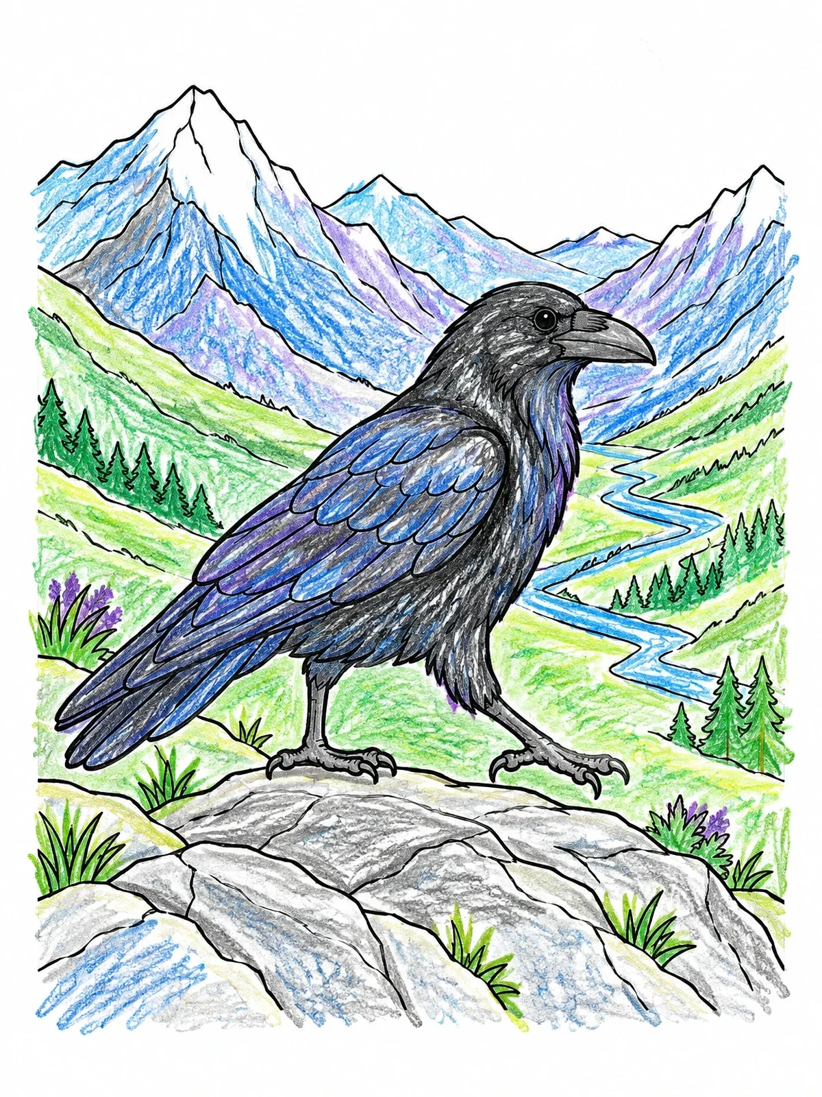 Colored example of the Raven On A Mountain Ridge coloring page