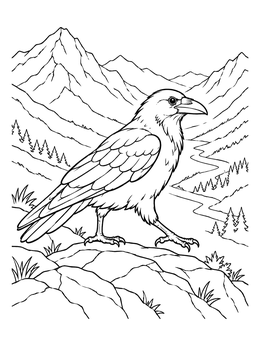 A detailed raven coloring page showing the bird walking across a scenic mountain ridge.