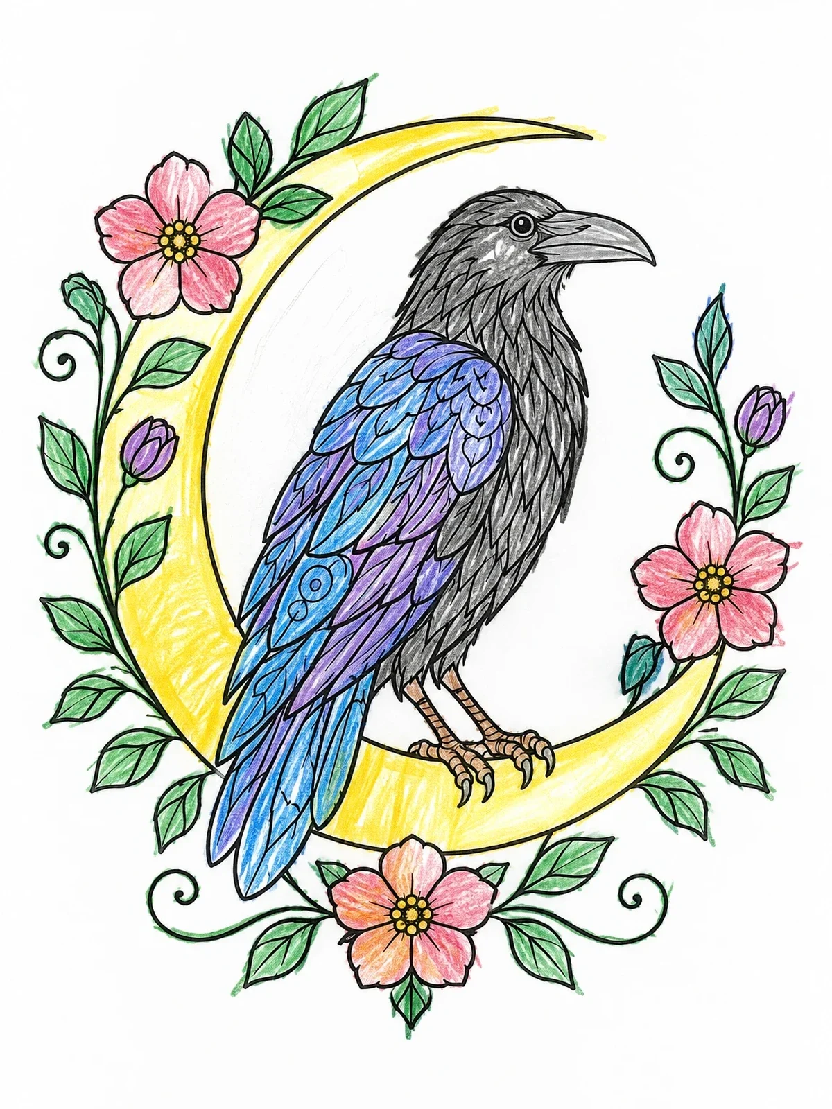 Colored example of the Raven Perched On Crescent Moon coloring page