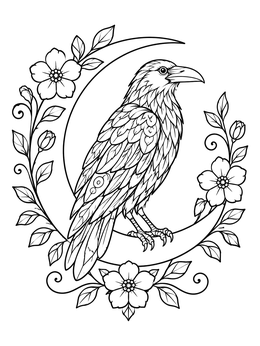 Detailed raven coloring page perched inside a crescent moon with floral vines.