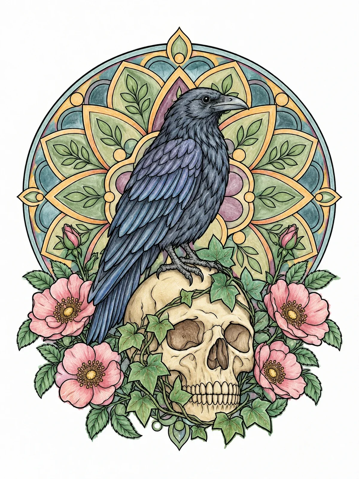 Colored example of the Raven Perched On Antique Skull coloring page