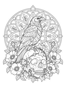 Intricate raven coloring page showing a bird on a skull surrounded by roses and a mandala.