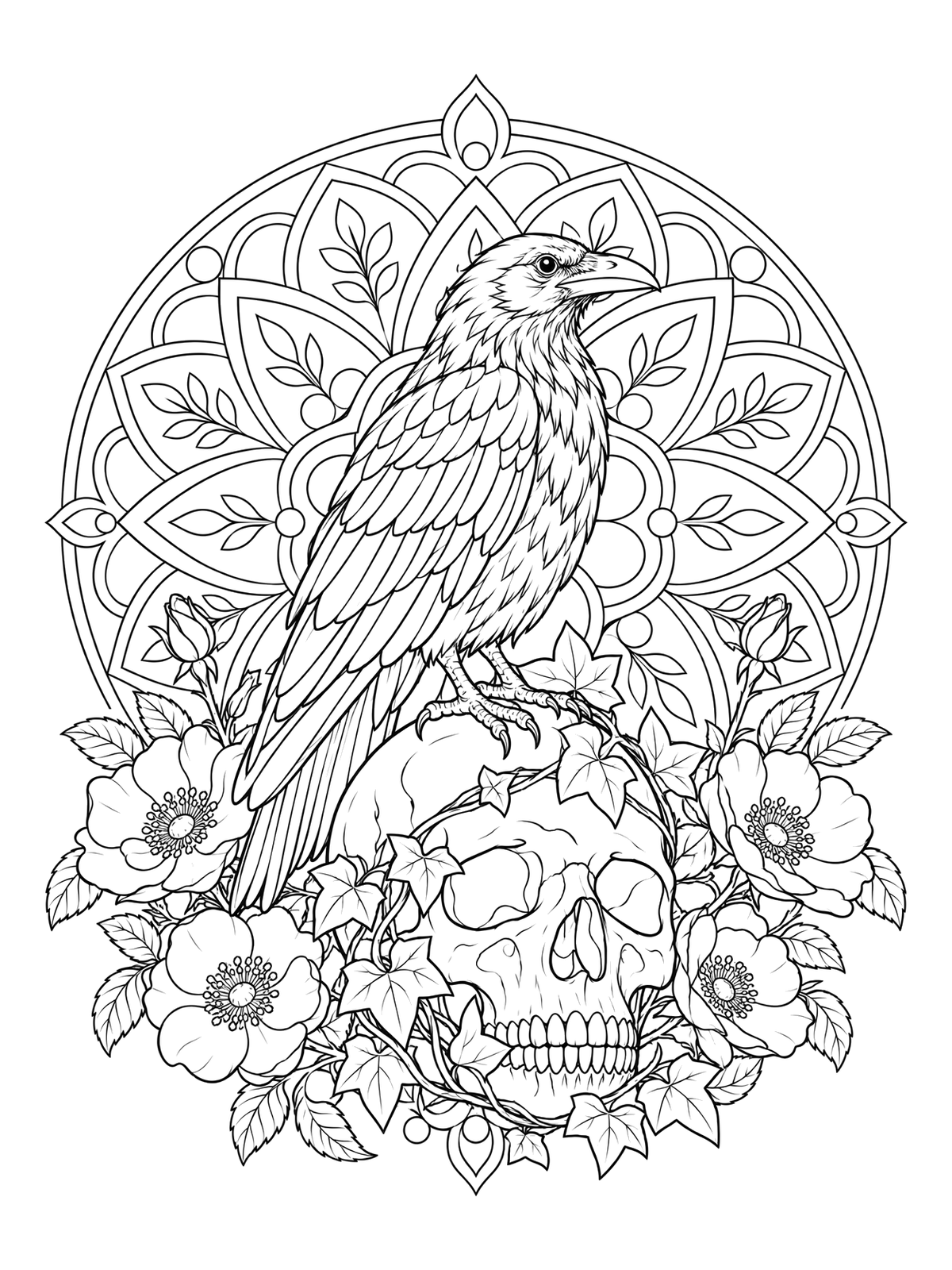Raven Perched On Antique Skull Coloring Page