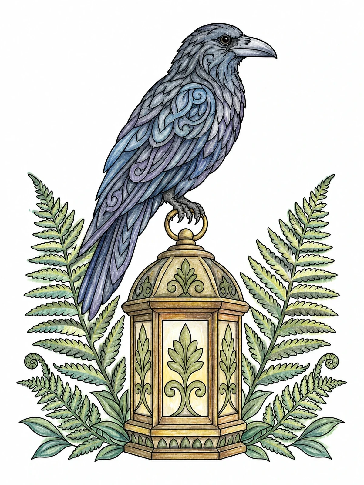 Colored example of the Raven Perched On An Ornate Lantern coloring page