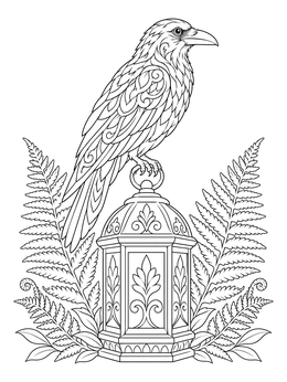 A detailed raven coloring page featuring a bird perched atop a vintage lantern surrounded by ferns.