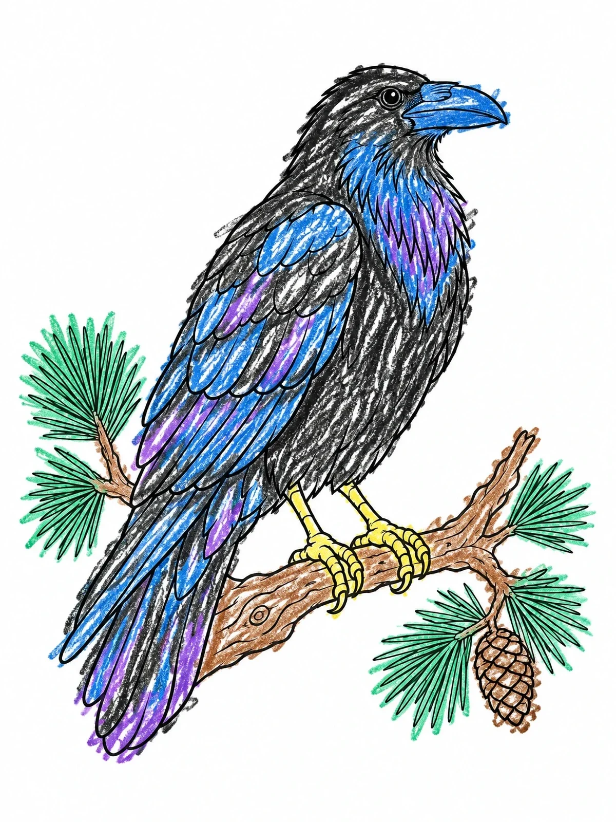 Colored example of the Raven Perched On Pine Branch coloring page