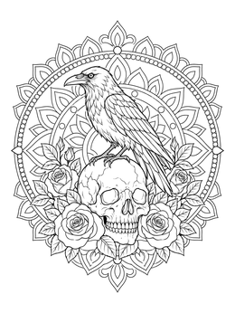 A raven perched on a skull among blossoms in this rose tattoo coloring page.