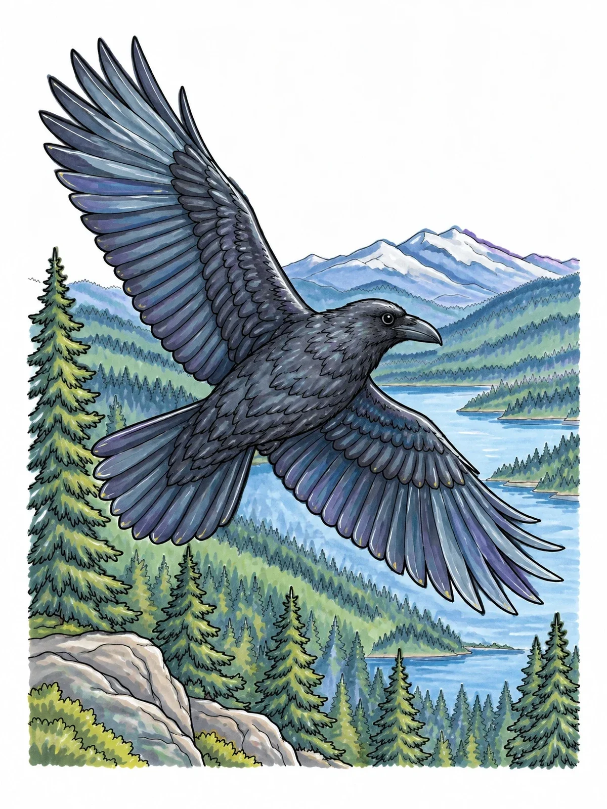 Colored example of the Raven Soaring Over Mountain Forest coloring page