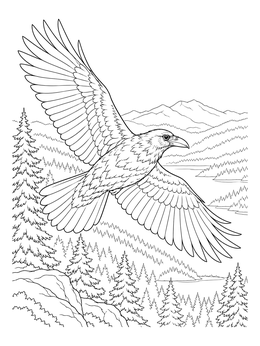 A raven coloring page showing a large bird gliding over pine-covered mountain hills and a lake.