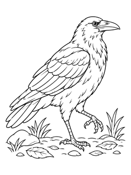 A detailed raven coloring page showing a bird stepping across the forest ground with leaves.