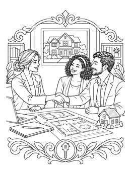 A real estate coloring page showing an agent shaking hands with a couple over architectural house plans.