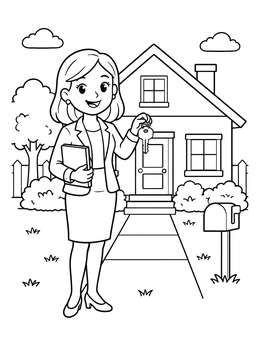 Free printable Friendly Real Estate Agent Holding House Key coloring page