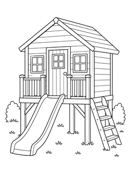 Free printable Backyard Wooden Playhouse With Slide coloring page