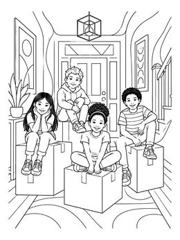 Kids resting on packed boxes in a hallway on this real estate coloring page.