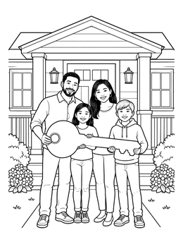 Free printable Family With Giant House Key coloring page