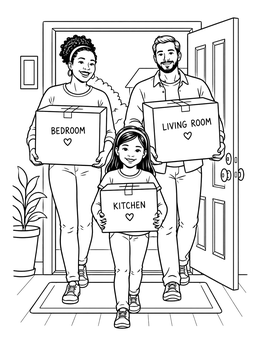 A smiling family carries labeled boxes through an open front door in this real estate coloring page.
