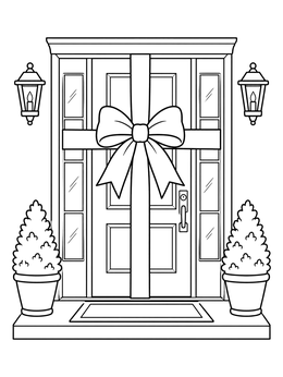 Front door wrapped with a large festive gift ribbon on this real estate coloring page.
