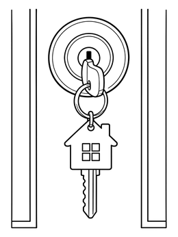 A house key inside a front door lock on this real estate coloring page.