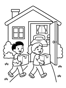 Free printable Kids Moving Into New Home coloring page