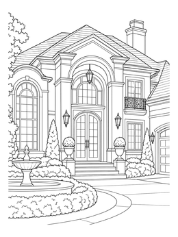 A luxury mansion entrance on this detailed real estate coloring page.