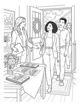 A cheerful agent welcomes visitors entering an open house in this real estate coloring page.