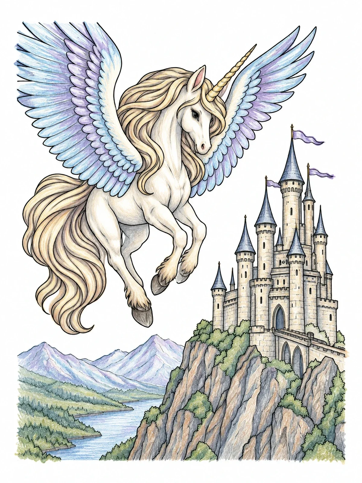 Colored example of the Alicorn Soaring Over Mountain Castle coloring page