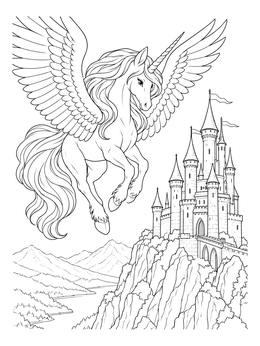 Free printable Alicorn Soaring Over Mountain Castle coloring page