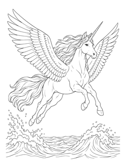 Free printable Majestic Alicorn Soaring Over Waves coloring page