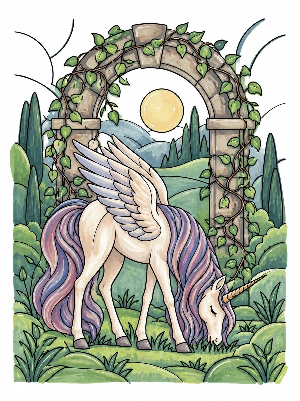 Colored example of the Grazing Alicorn By Stone Arch coloring page