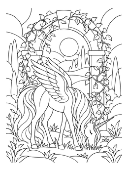 A realistic alicorn coloring page showing a winged unicorn grazing beside a vine-covered stone archway.