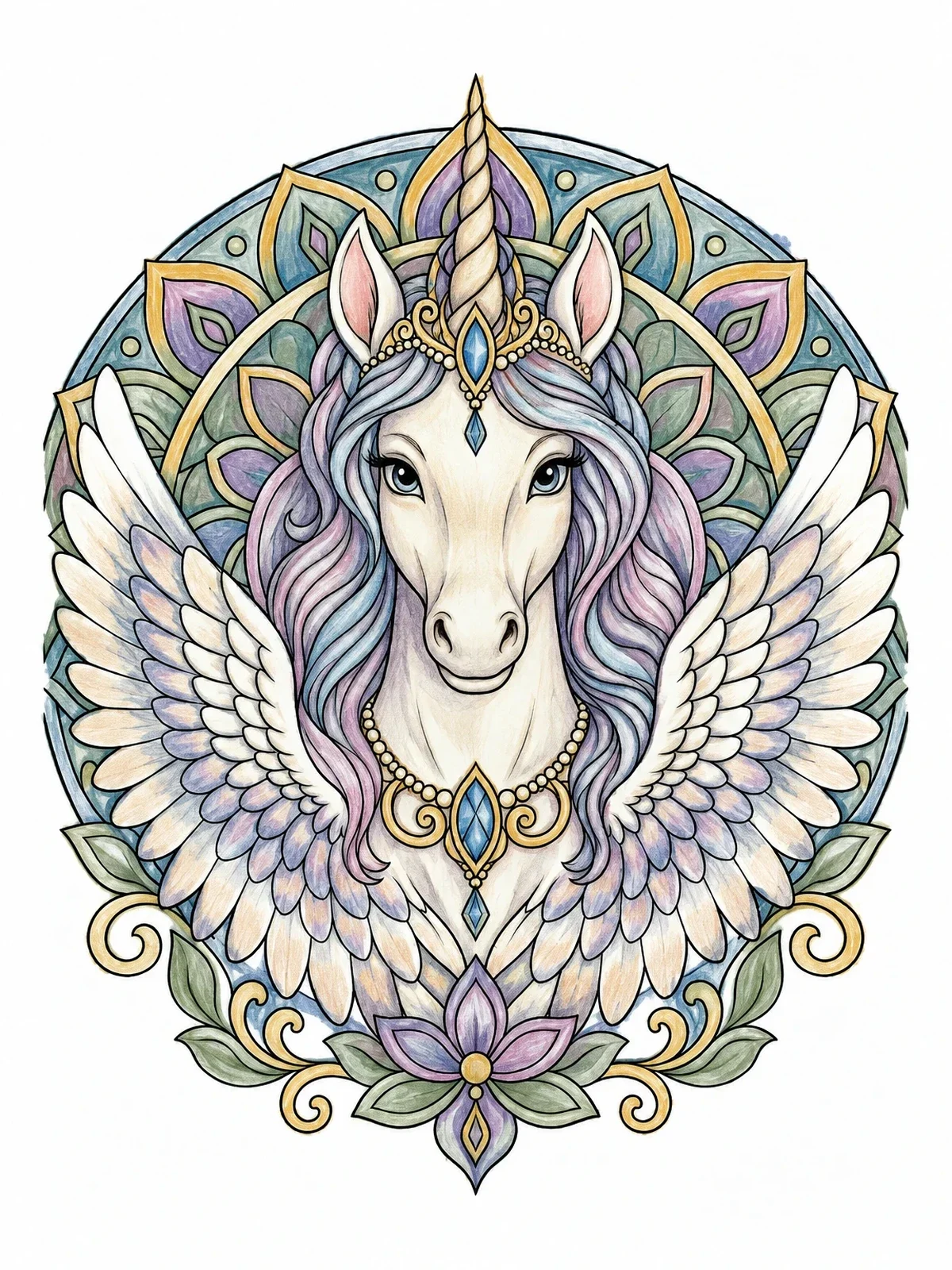 Colored example of the Majestic Alicorn Mandala Portrait coloring page