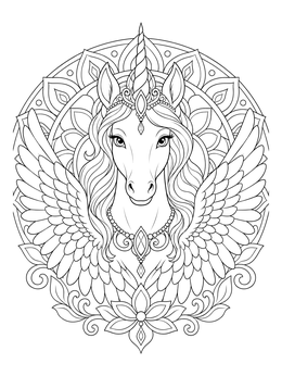 Intricate realistic alicorn coloring page featuring a winged unicorn portrait with mandala patterns.