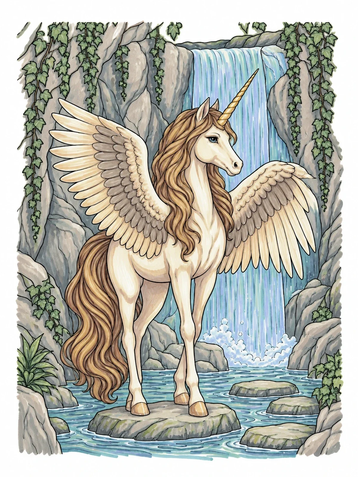 Colored example of the Majestic Alicorn By Waterfall Grotto coloring page