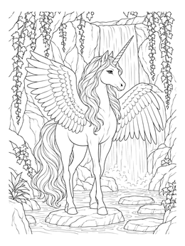 A realistic alicorn coloring page featuring a winged unicorn standing before a rocky waterfall.
