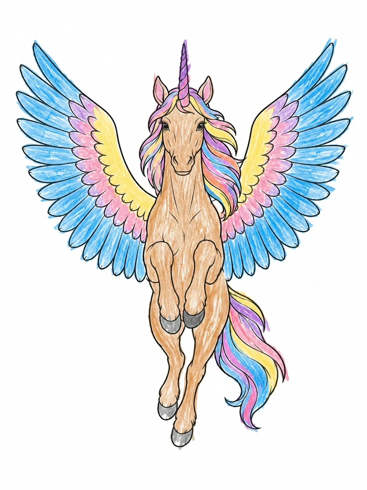 Colored example of the Majestic Flying Alicorn Front View coloring page